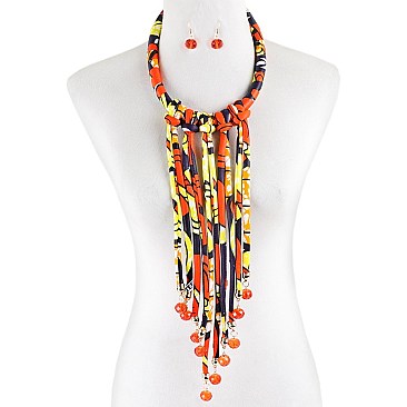 KENTE FABRIC FRINGE BIB FASHION NECKLACE AND EARRING SET