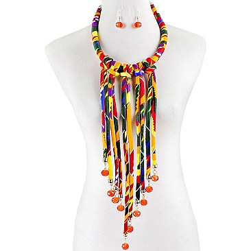 KENTE FABRIC FRINGE BIB FASHION NECKLACE AND EARRING SET