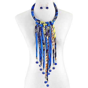 KENTE FABRIC FRINGE BIB FASHION NECKLACE AND EARRING SET