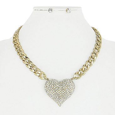 CRYSTAL HEART CHAIN STATEMENT NECKLACE SET