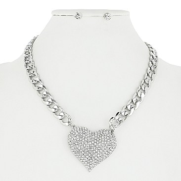 CRYSTAL HEART CHAIN STATEMENT NECKLACE SET