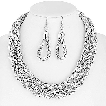 TRENDY RHINESTONE BRAIDED BIB NECKLACE AND EARRINGS SET