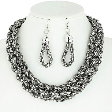 TRENDY RHINESTONE BRAIDED BIB NECKLACE AND EARRINGS SET