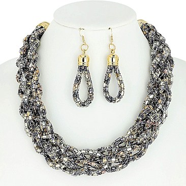 TRENDY RHINESTONE BRAIDED BIB NECKLACE AND EARRINGS SET