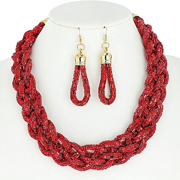 TRENDY RHINESTONE BRAIDED BIB NECKLACE AND EARRINGS SET