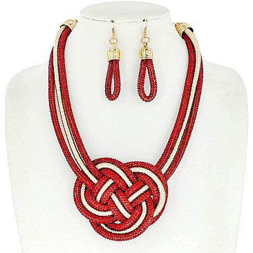 TRENDY KNOTTED ROPE STATEMENT NECKLACE & EARRINGS SET