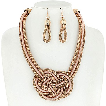 TRENDY KNOTTED ROPE STATEMENT NECKLACE & EARRINGS SET