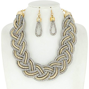 TRENDY RHINESTONE BRAIDED ROPE STATEMENT NECKLACE & EARRINGS SET