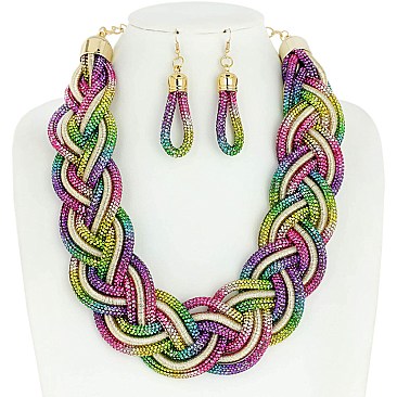 TRENDY RHINESTONE BRAIDED ROPE STATEMENT NECKLACE & EARRINGS SET
