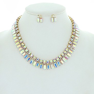 Sparkly Baguette Crystal Rhinestone Necklace Earring Set
