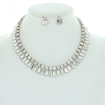 Sparkly Baguette Crystal Rhinestone Necklace Earring Set