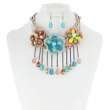 STYLISH 3 FLOWERS  LINED GEMS NECKLACE SET SLNEY8203