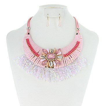 STYLISH SHELL ACCENT FRINGE NECKLACE SET SLNEY8204