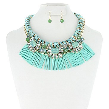 STYLISH 3 LARGE GEMS FRINGE NECKLACE SET SLNEY8209