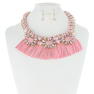 STYLISH 3 LARGE GEMS FRINGE NECKLACE SET SLNEY8209
