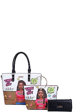 3 IN 1 Nikky by Nicole Lee TAKE ME OUT PRINT TOTE AND WALLET SET