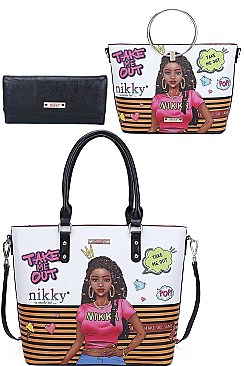 3 IN 1 Nikky by Nicole Lee TAKE ME OUT PRINT TOTE AND WALLET SET