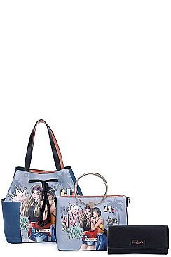 3 IN 1 Nikky by Nicole Lee DOUBLE THE FUN PRINT SATCHEL TOTE AND WALLET