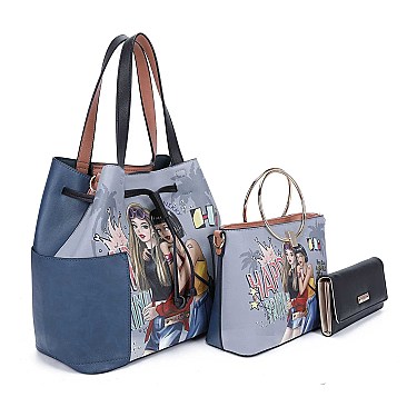 3 IN 1 Nikky by Nicole Lee DOUBLE THE FUN PRINT SATCHEL TOTE AND WALLET