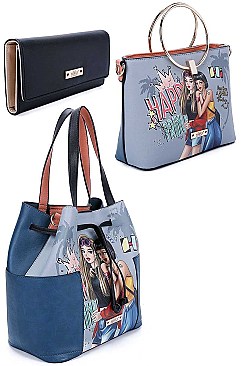 3 IN 1 Nikky by Nicole Lee DOUBLE THE FUN PRINT SATCHEL TOTE AND WALLET