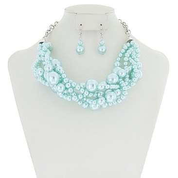 Trendy Multi Pearl Twist Necklace & Earring Set