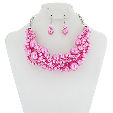 Trendy Multi Pearl Twist Necklace & Earring Set