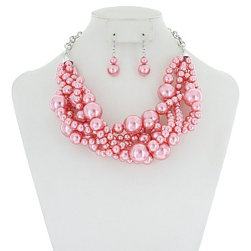 Trendy Multi Pearl Twist Necklace & Earring Set