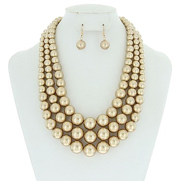 Solidarity Pearl NECKLACE Set 3-LAYER PEARLS with earrings