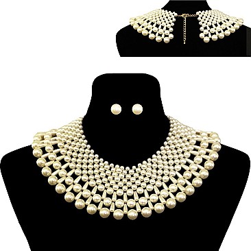 Glam Wide Pearl Collar Necklace and Earrings Set