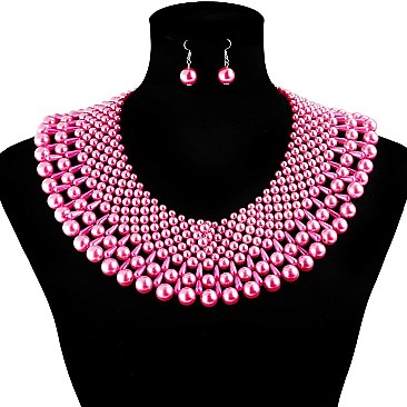 Glam Wide Pearl Collar Necklace and Earrings Set