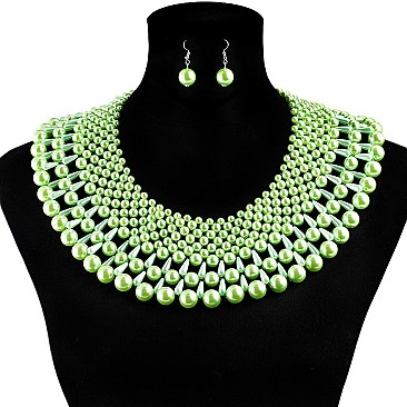 Glam Wide Pearl Collar Necklace and Earrings Set