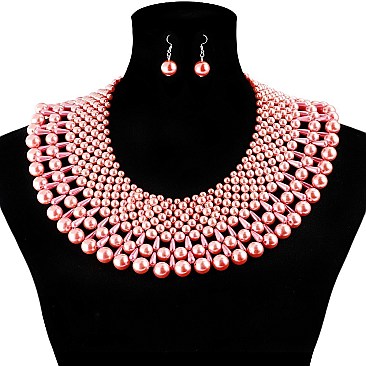 Glam Wide Pearl Collar Necklace and Earrings Set