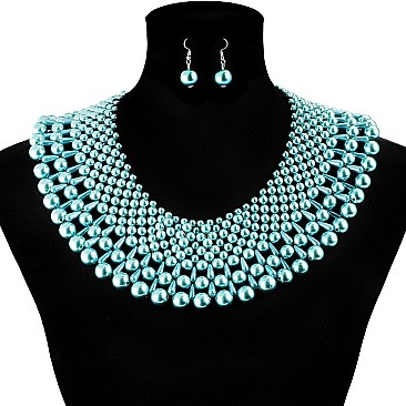Glam Wide Pearl Collar Necklace and Earrings Set