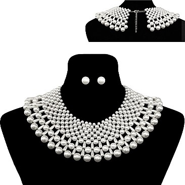 Glam Wide Pearl Collar Necklace and Earrings Set