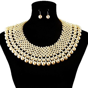 Glam Wide Pearl Collar Necklace and Earrings Set