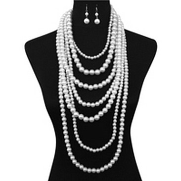 Extra Chunky Multi Layer Pearl Strand Necklace and Earrings Set