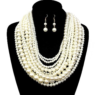 Elegant Multi Layered Pearl Strands Chunky Necklace And Earrings Set