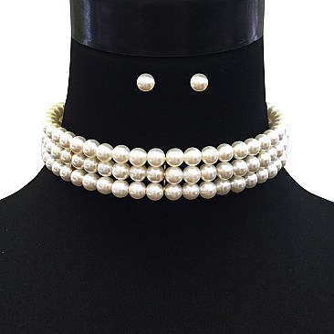 Stylish 3 Layer Pearl Strands Choker Necklace And Earrings Set