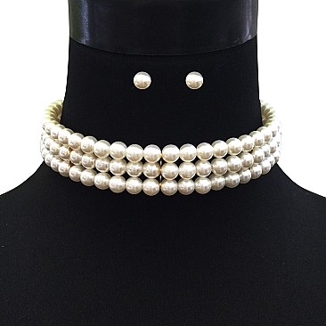 Stylish 3 Layer Pearl Strands Choker Necklace And Earrings Set