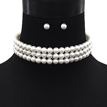 Stylish 3 Layer Pearl Strands Choker Necklace And Earrings Set