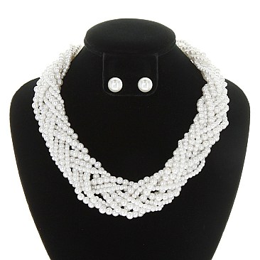 Trendy Thick Pearl Twisted Necklace And Earring Set