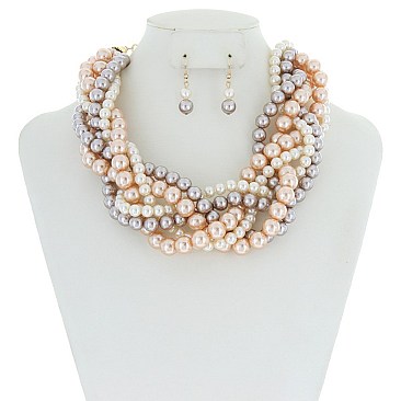 TRENDY CHUNKY PEARL BRAIDED NECKLACE SET