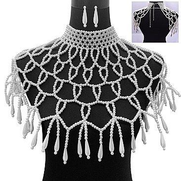 Fashionable Collar Draped Poncho Pearl Bib Set