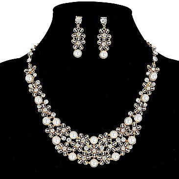 CHARMING PEARL CLUSTER COLLAR NECKLACE AND EARRINGS SET