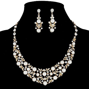 LOVELY PEARL CLUSTER COLLAR NECKLACE AND EARRINGS SET