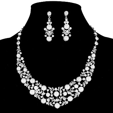 LOVELY PEARL CLUSTER COLLAR NECKLACE AND EARRINGS SET