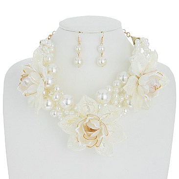 STYLISH STATEMENT PEARL NECKLACE SET W/ FLOWERS