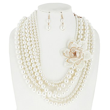 Trendy 7 LINE PEARL NECKLACE SET with FLOWER ACCENT