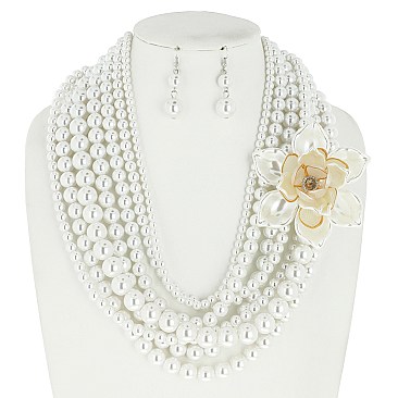 Trendy 7 LINE PEARL NECKLACE SET with FLOWER ACCENT