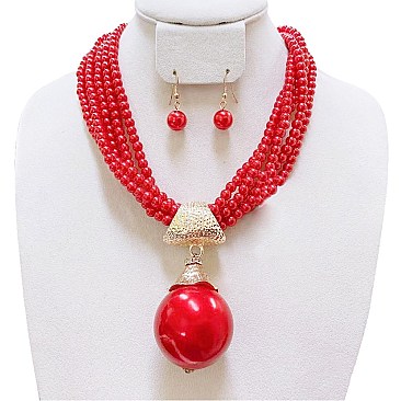 LRG PEARL PENDANT ON LINED PEARLS FASHION NECKLACE SET